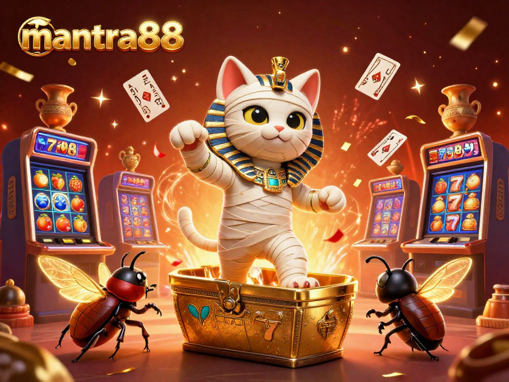 Experience thrilling gameplay at mantra88 with an Egyptian mummy cat in a casino surrounded by slot machines.