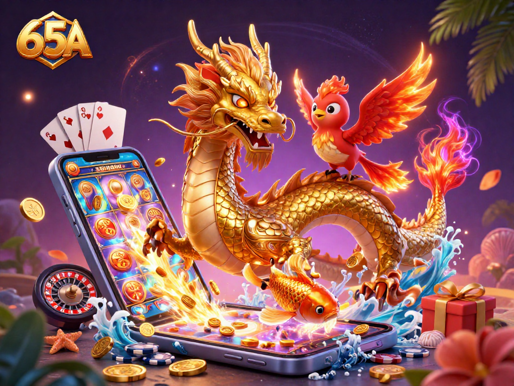 Ilustração 3D do cassino 65A mostrando um dragão dourado e um peixe da sorte em meio a jogos emocionantes.
