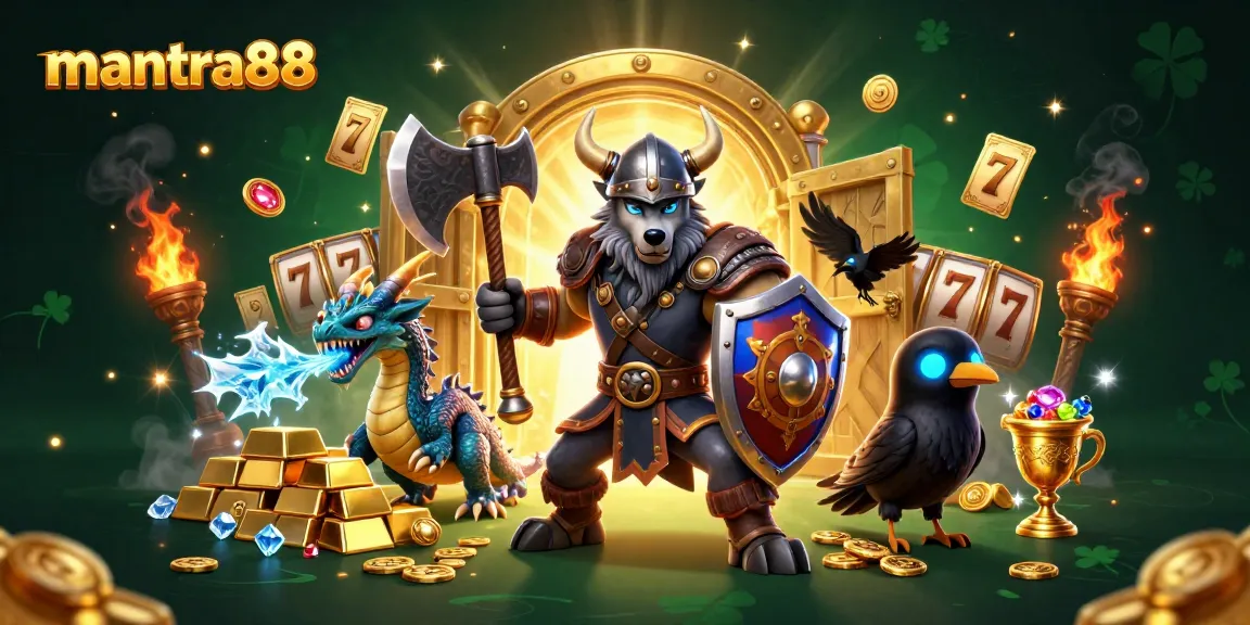 Win jackpots with mantra88 featuring a Viking wolf warrior, dragon, and treasure in an exciting casino scene.