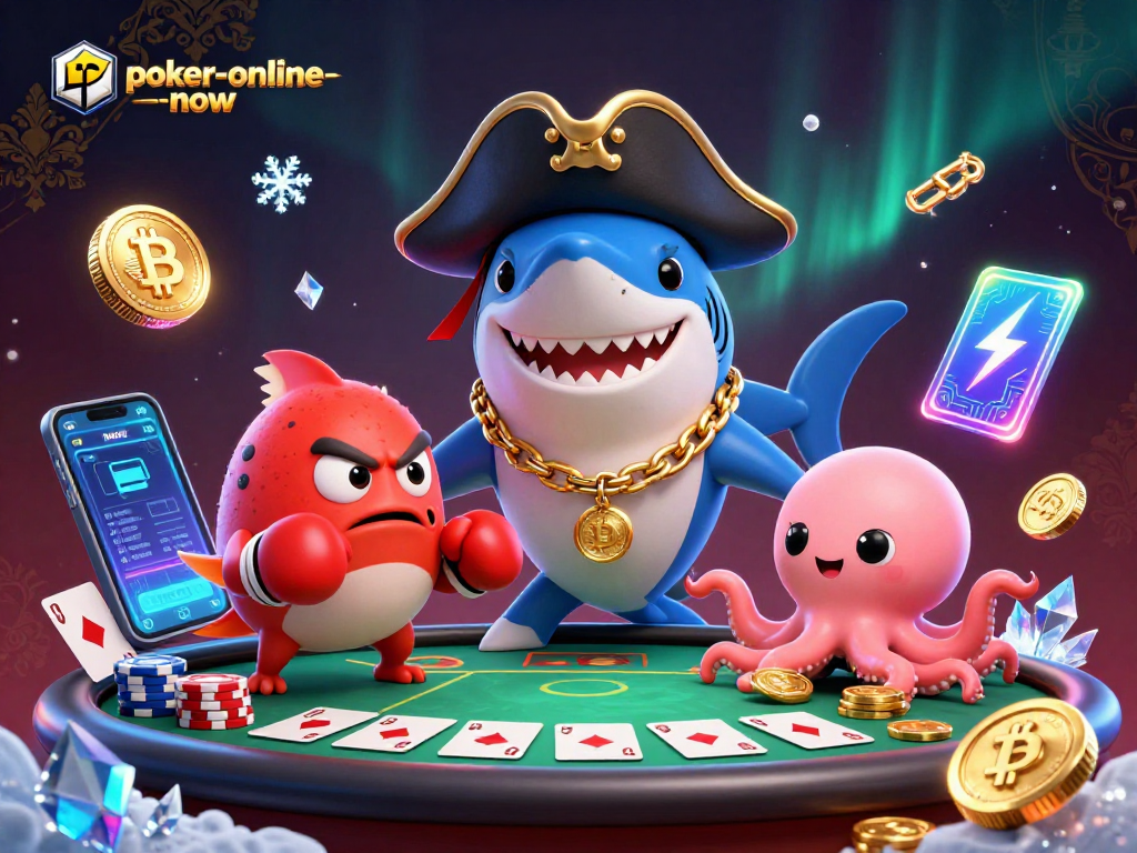 Engage with poker-online-now in a vibrant cartoon casino battle featuring characters and poker elements.