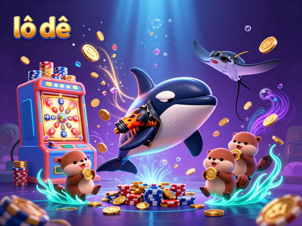 Experience excitement with lô đề as a cartoon orca and friends celebrate winning lottery coins.