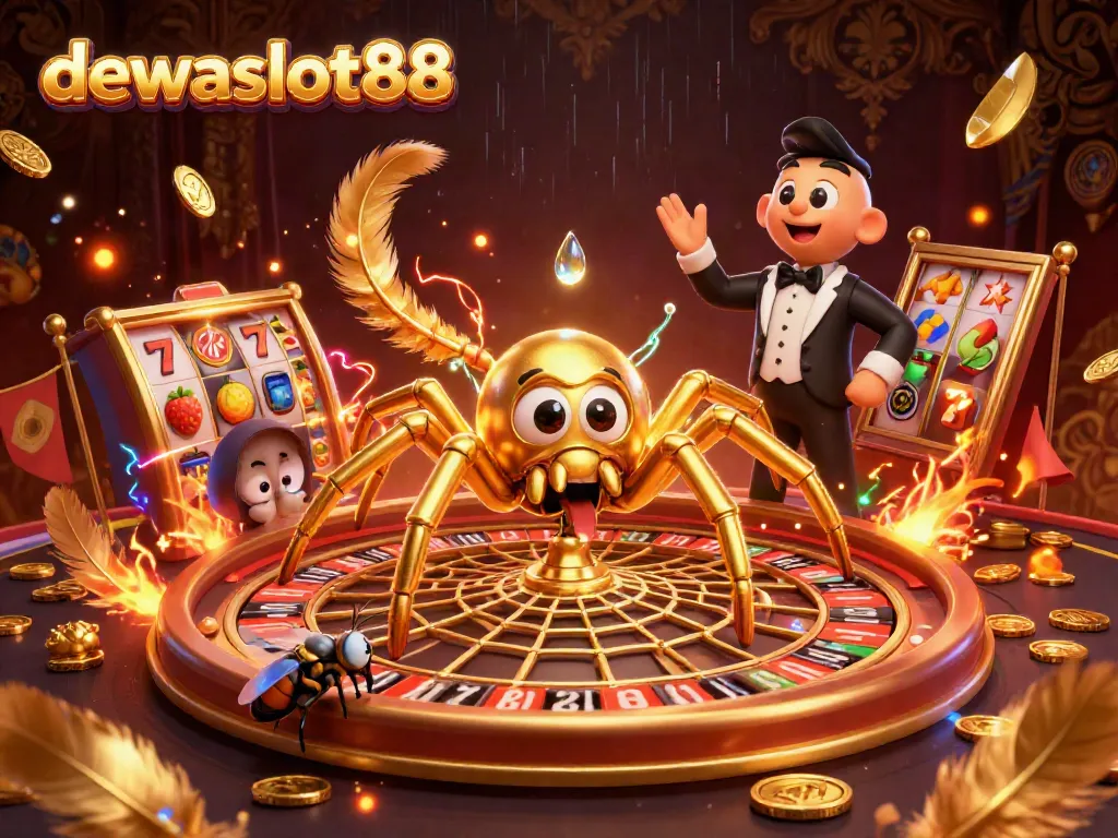 Merayakan dewaslot88, ilustrasi judi online dengan laba-laba emas dan koin emas berputar.