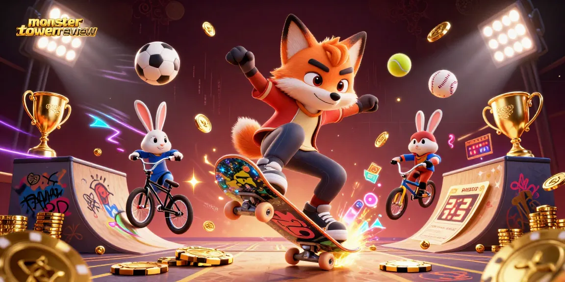Experience the excitement of monstertowerreview with animated casino action featuring a skateboarder fox and BMX rabbit.
