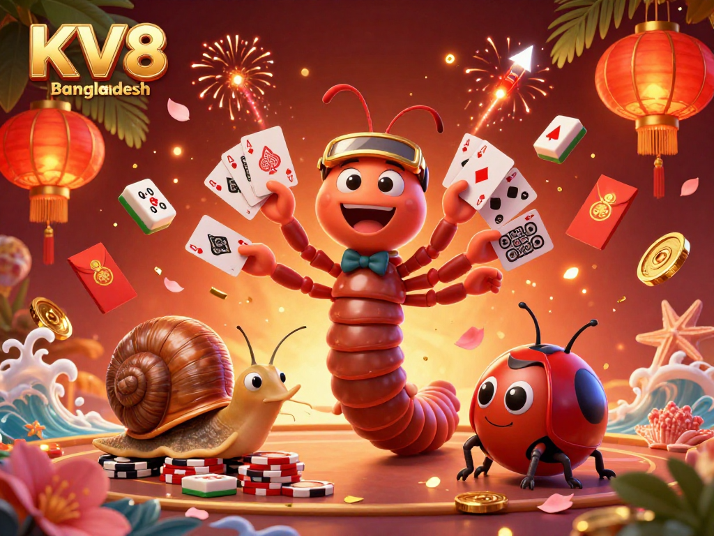 Experience the vibrant casino atmosphere of KV8 Bangladesh with a colorful 3D dealer scene filled with excitement.