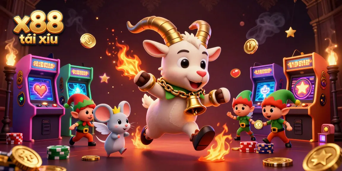 x88 tài xỉu exciting casino illustration with Krampus, angel mouse, and elf gremlins in action.