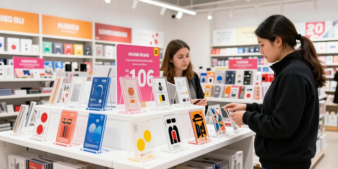 Custom acrylic standee display in a vibrant retail store showcasing various designs and promotions.