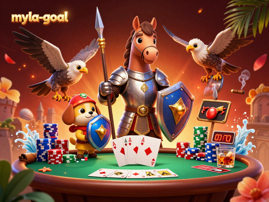 myla-goal presents an engaging 3D scene showcasing poker excitement with unique characters and colorful casino elements
