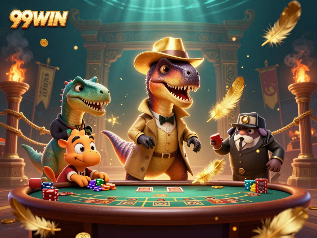 Experience the excitement of 99WIN while a velociraptor attempts to steal chips at a blackjack table.