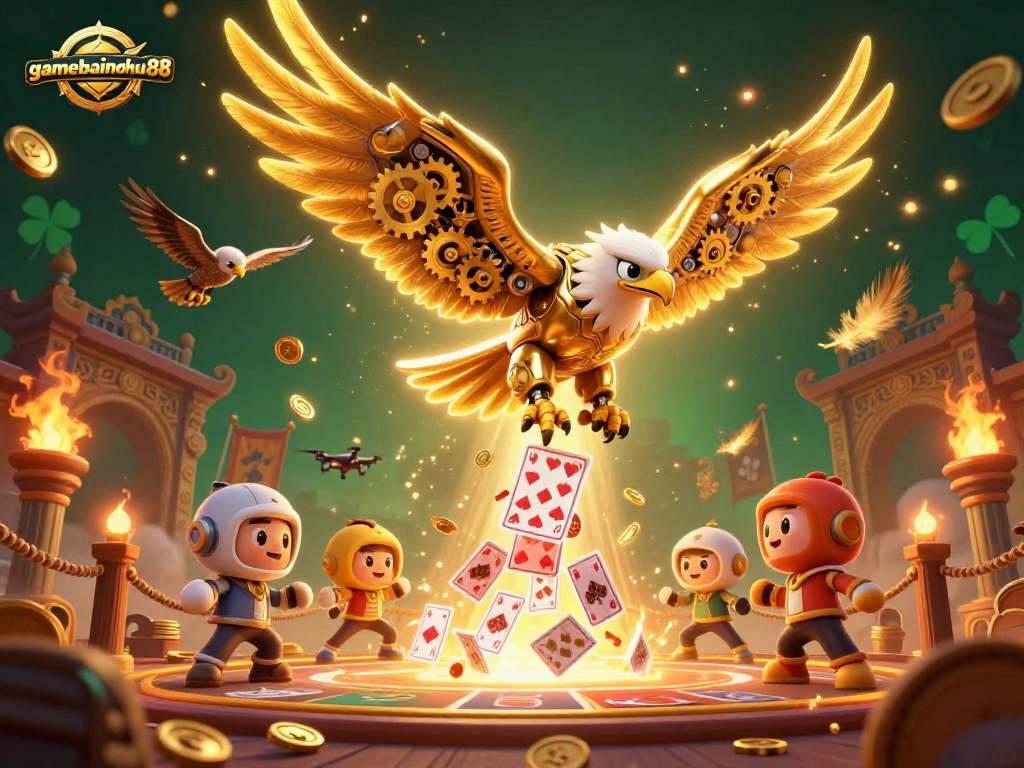 Play thrilling games at gamebainohu88 with the cybernetic eagle soaring through vibrant 3D casino scenes.