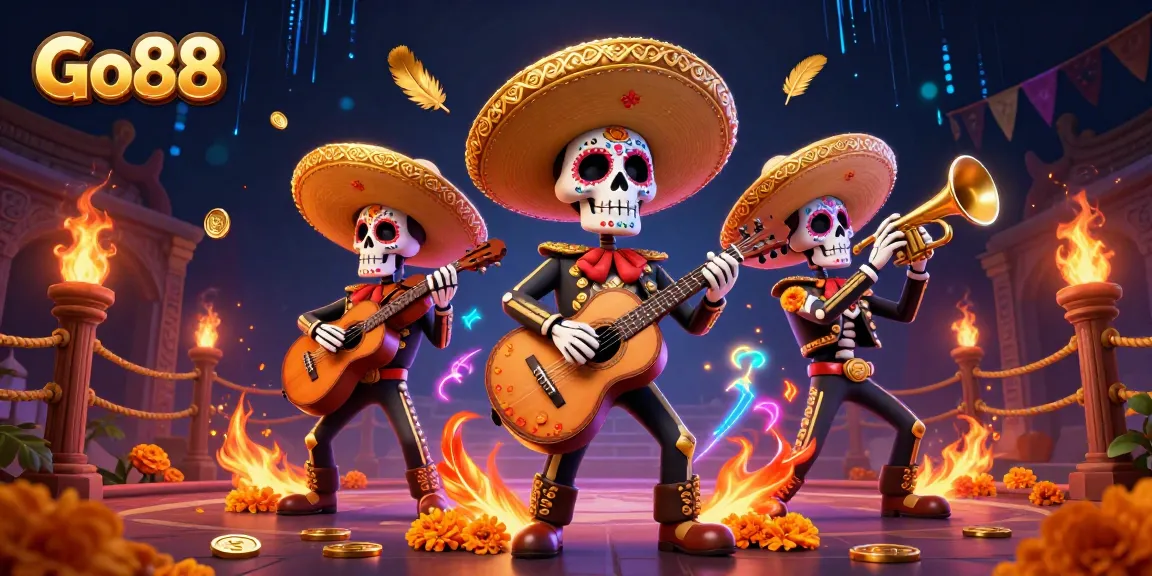 Experience thrilling moments at Go88 with a vibrant skeleton mariachi band amidst colorful casino elements.