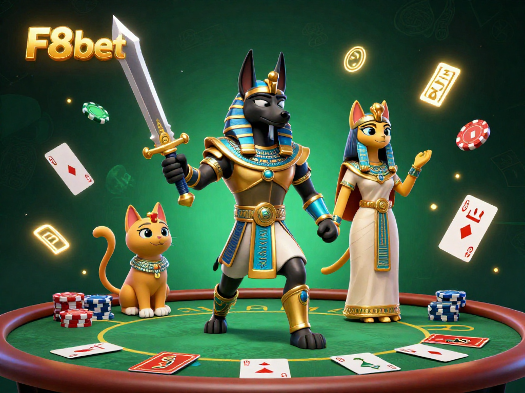 Engage in thrilling poker action with F8bet, featuring ancient Egyptian characters and vibrant gaming elements.