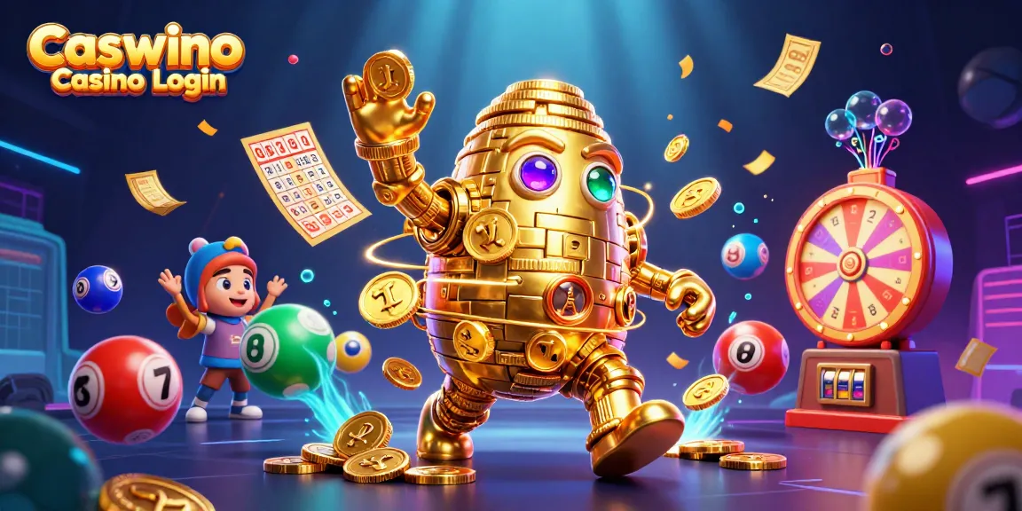 Engage with Caswino Casino Login through vibrant 3D illustration featuring golden golem and thrilling gaming elements.