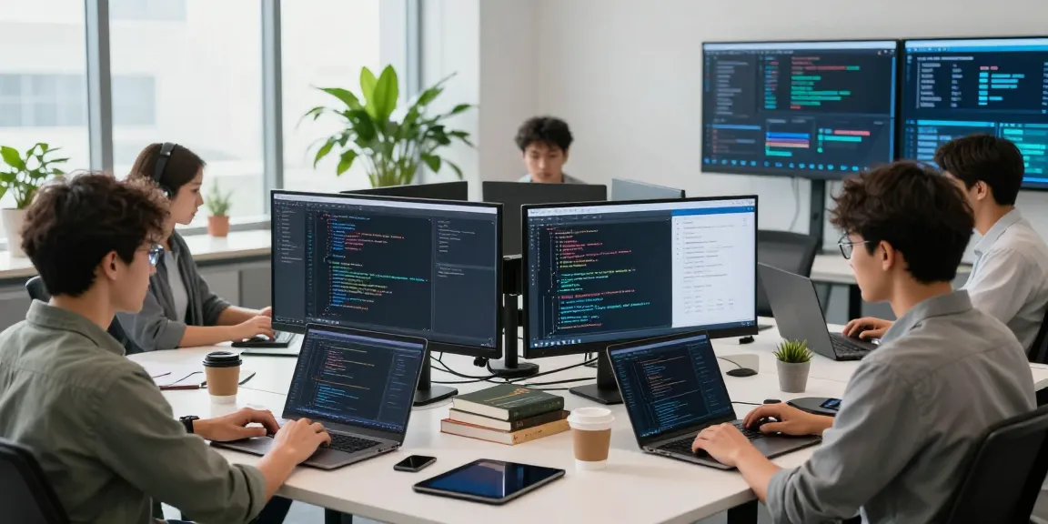 Team of developers using rtischeduler in a collaborative software development workspace