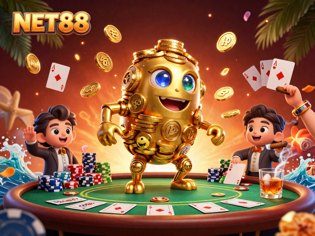 Experience the vibrant world of NET88 with a golden golem, poker chips, and more!