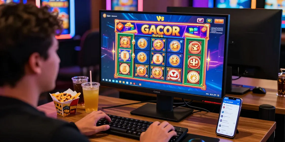 Permainan slot gacor online dengan pemain gembira di komputer, suasana menyenangkan dan nyaman.