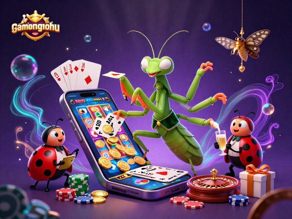 Experience the thrill of gamethuongnohu with a vibrant illustration showcasing a praying mantis card sharp at an exciting casino scene.