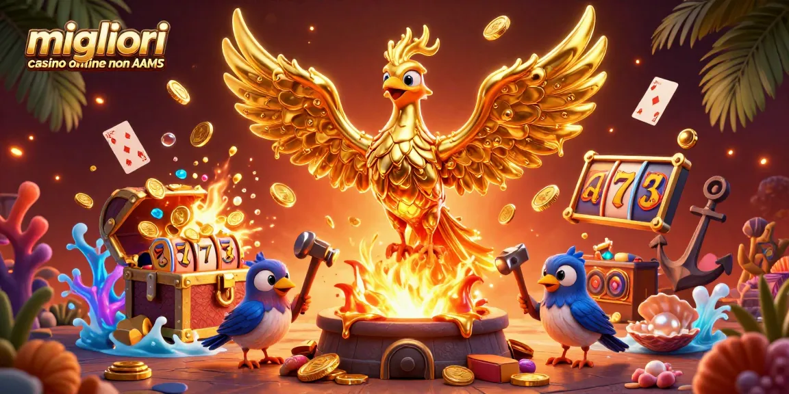 I migliori casino online non AAMS offrono un'illustrazione vivace con una fenice dorata e giochi di slot esplodendo di gemme.