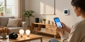 A person using IKEA smart home technology to adjust lights and ambiance in a cozy living room filled with stylish decor.