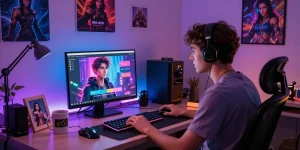 Engaging interaction with an ai chat nsfw platform in a stylish home office.