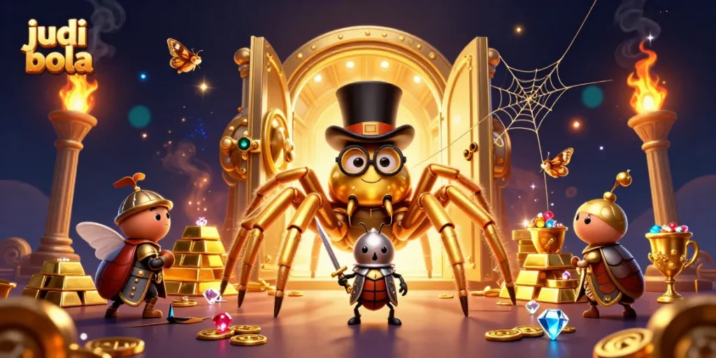 Experience thrilling judi bola action with 3D characters and casino treasure in a vibrant illustration.