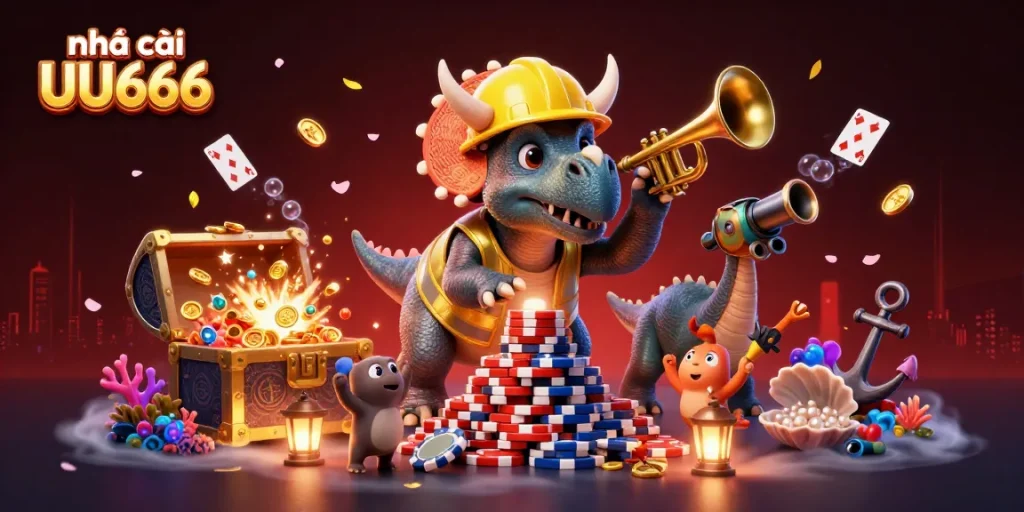 nhà cái UU666 illustration featuring a triceratops and festivities amidst vibrant casino elements and treasures.