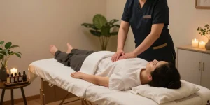 고양출장마사지 session in a serene home setting, featuring a relaxing atmosphere with a professional therapist and calming decor.