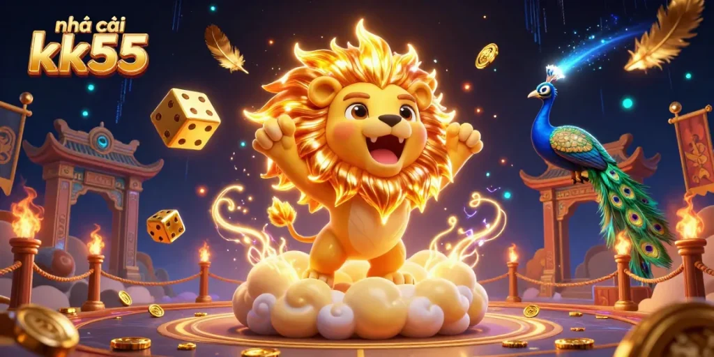 Experience thrilling gaming at nhà cái kk55 with vibrant illustrations of golden dice, a sun lion, and immersive casino elements.