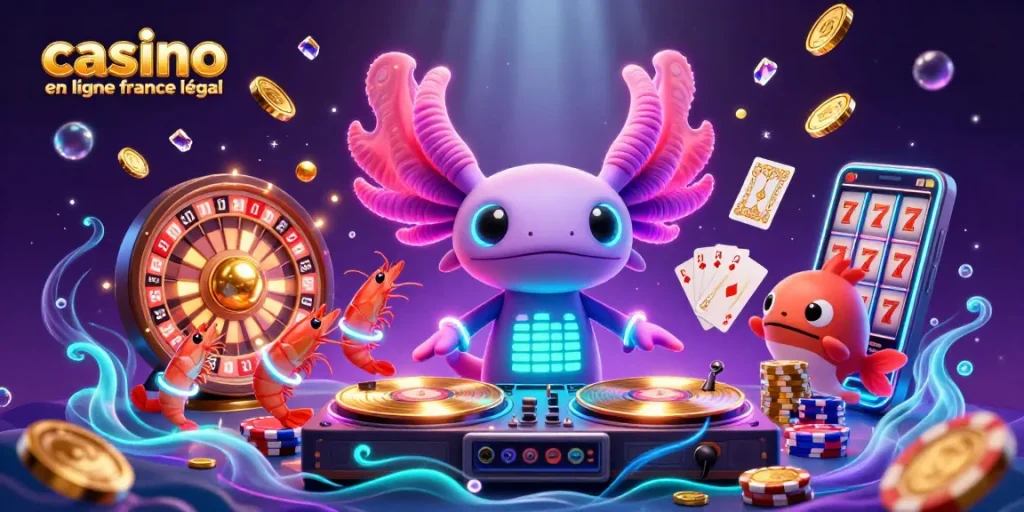 Animation dynamique incluant un DJ axolotl et des éléments de casino en ligne légal en France.