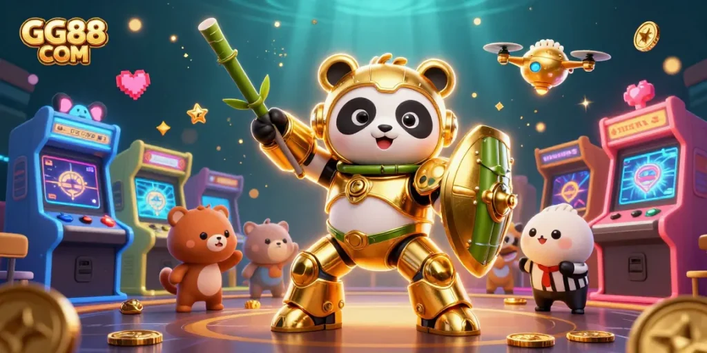 Engage with GG88 COM's vibrant casino games featuring a dynamic panda pilot and colorful game elements.