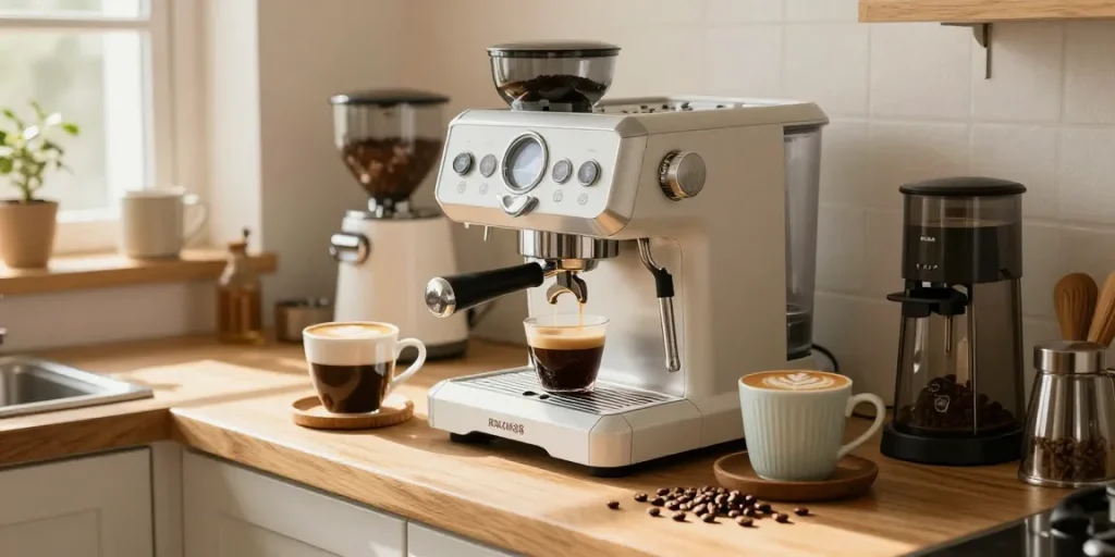 Creating espresso with Rokok88 Espresso Machine in a cozy kitchen.