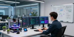 NAGA2000 software development in a modern tech laboratory with vibrant coding interfaces.