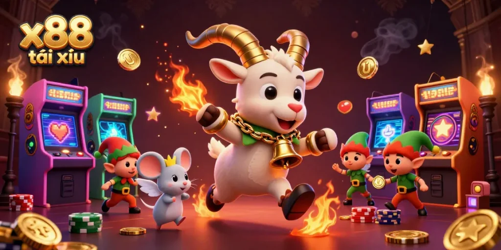 x88 tài xỉu exciting casino illustration with Krampus, angel mouse, and elf gremlins in action.