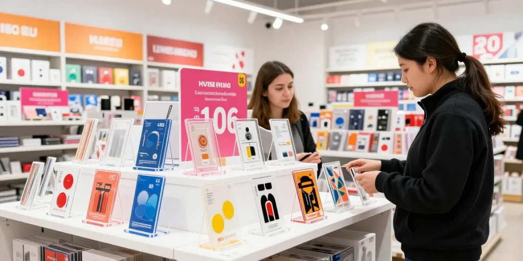 Custom acrylic standee display in a vibrant retail store showcasing various designs and promotions.